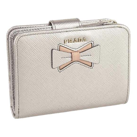 Prada Saffiano Leather Pirite and Cipria Gold Bow Wallet with Zipper Coin - Picture 1 of 8